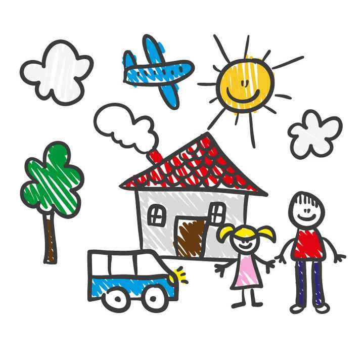 彩色手绘涂鸦一家人房子等儿童画简笔画图片免抠矢量素材
