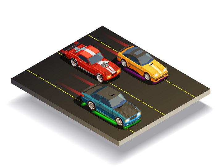 2.5D风格三辆正在不断加速的赛车汽车图片免抠素材 交通运输-第1张