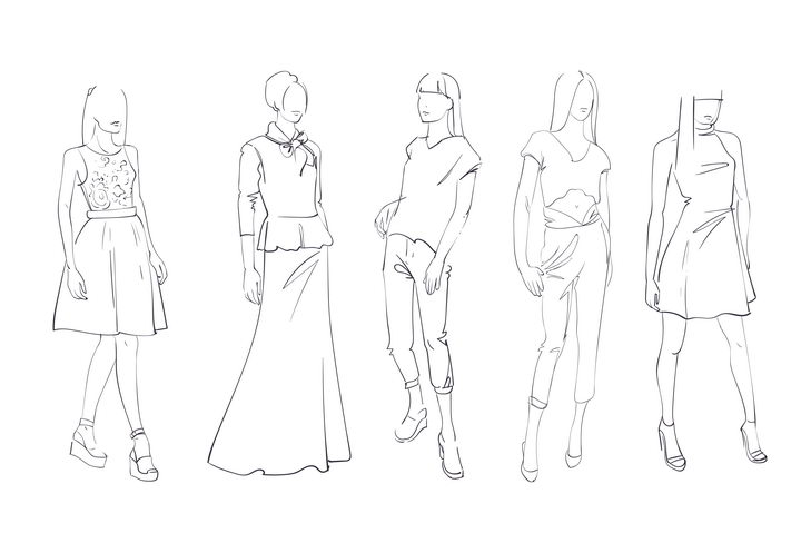简约线条素描风格5个时尚休闲女性女装时装设计草图图片免抠矢量素材