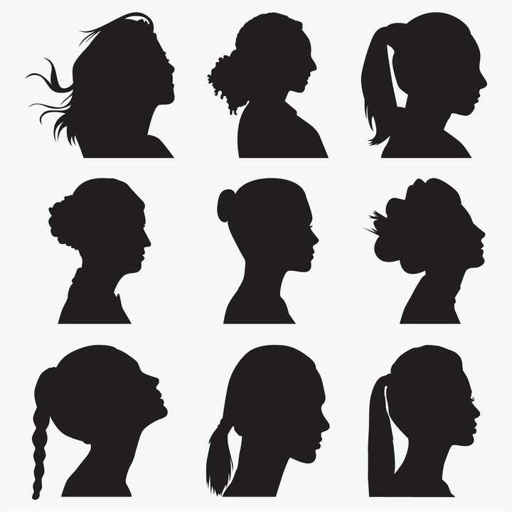 9款女性发型脸部侧面剪影图片免抠矢量素材 人物素材