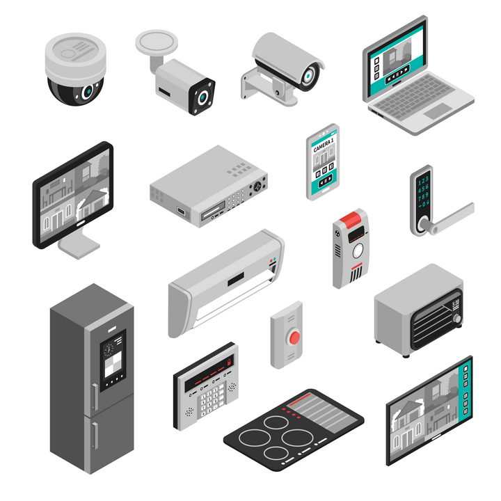 2.5D风格各种摄像头监控安全防盗门密码锁家庭安全设备图片免抠素材