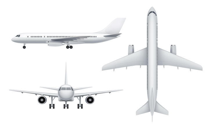 3种不同角度的银白色大型客机飞机图片免抠素材 交通运输-第1张