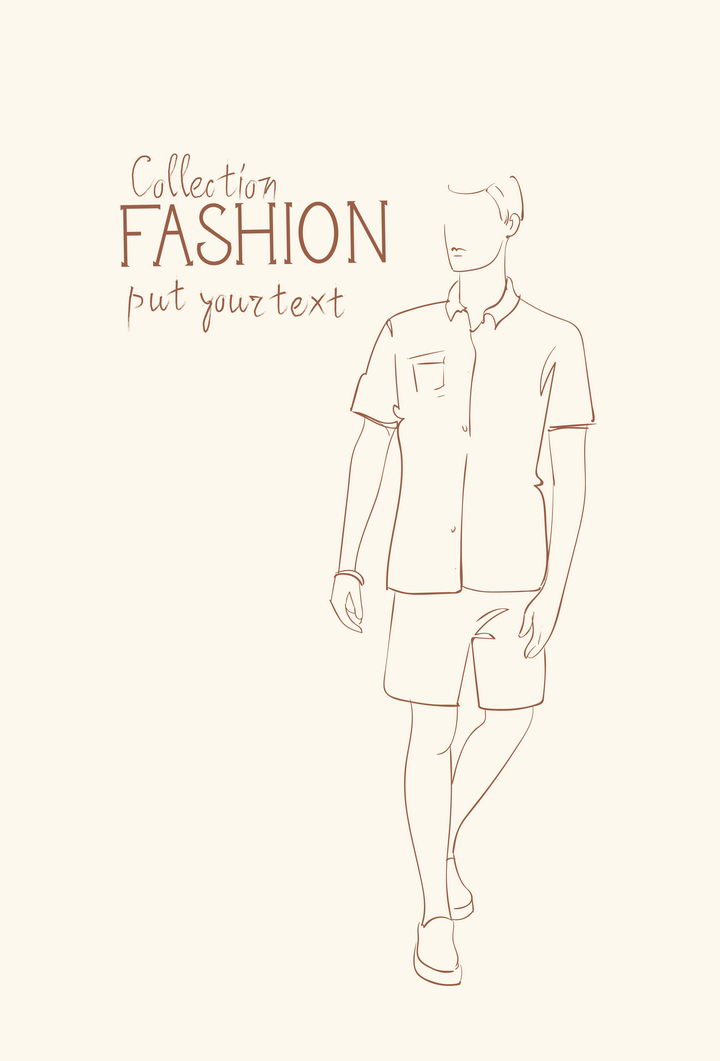 简约线条风格时尚短袖衬衫短裤休闲男装时装设计草图图片免抠矢量素材 人物素材-第1张