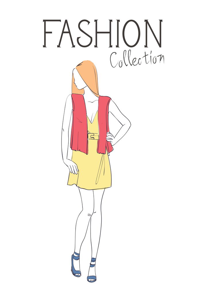 彩色上色手绘风格时尚红色外套黄色连衣裙女装时装设计草图图片免抠矢量素材 人物素材-第1张