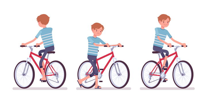 3款正在骑自行车的条纹T恤卡通男孩图片免抠矢量素材 人物素材-第1张