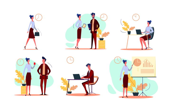 6款扁平插画风格讲究时间效率的商务人士图片免抠矢量素材