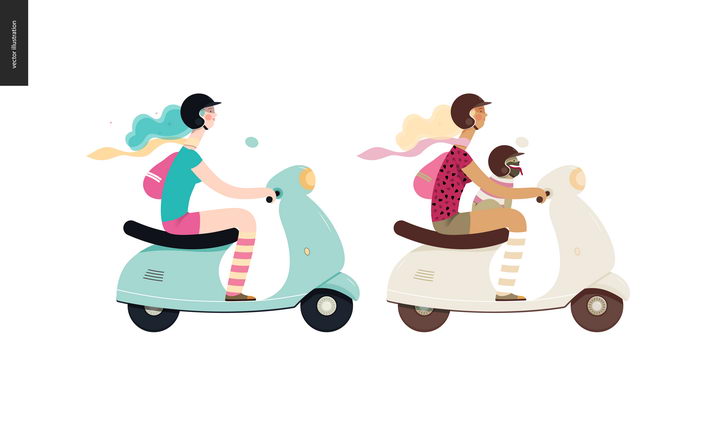 骑电动车踏板摩托车的卡通年轻人图片免抠矢量素材 交通运输-第1张