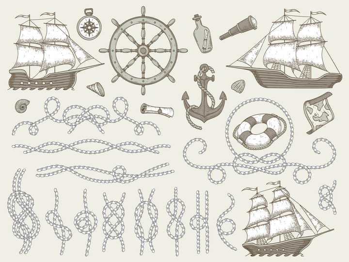 手绘复古风格风帆船绳子等图片免抠矢量图