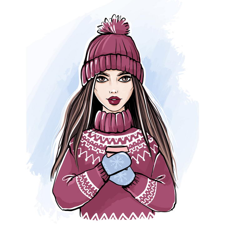 冬天里手绘漫画戴着毛线帽子穿着毛线衣手拿咖啡杯的女孩图片免抠矢量
