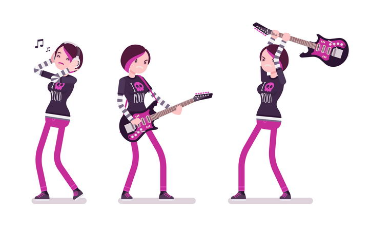 3款愤怒情绪的弹吉他的卡通女孩图片免抠矢量素材 人物素材-第1张