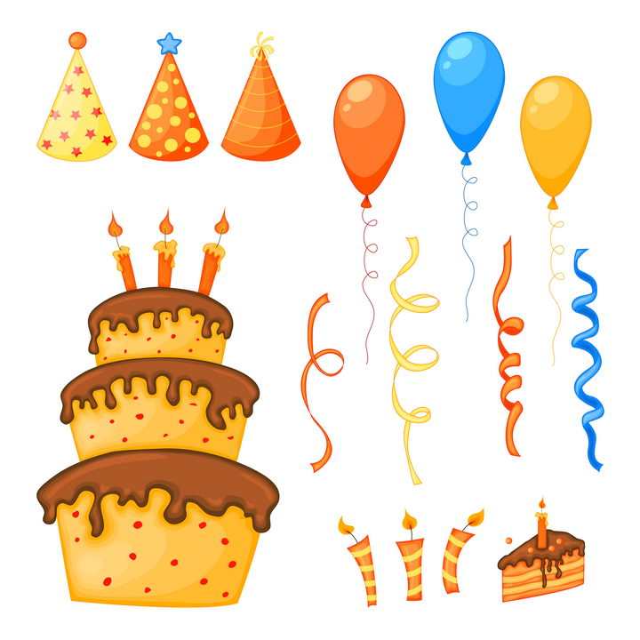各种卡通生日帽子生日蛋糕生日气球生日蜡烛图片免抠素材