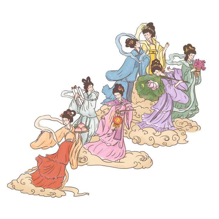 七仙女下凡中国传统神话人物传说故事手绘彩色插图图片免抠png素材