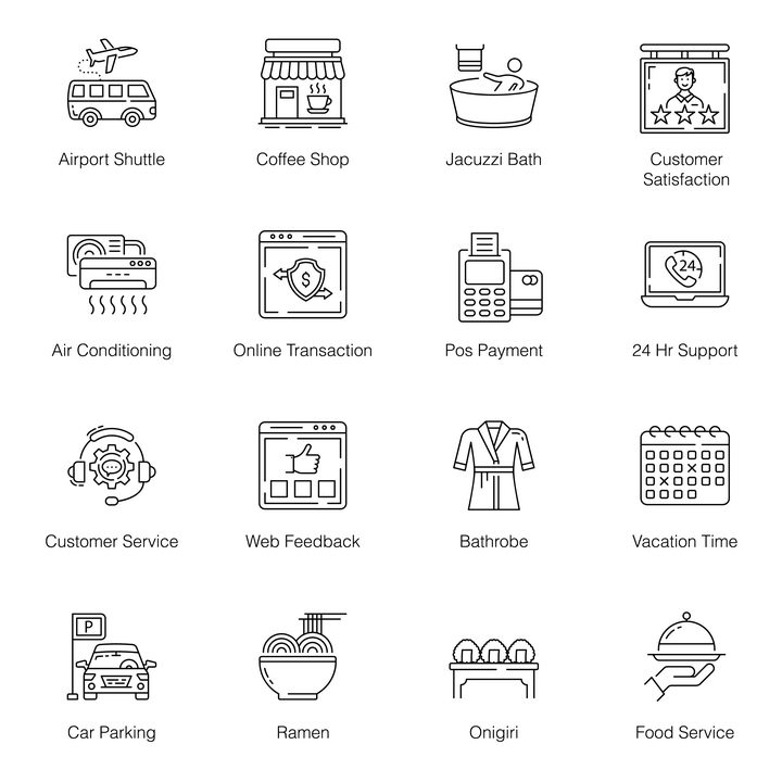 16款黑色线条风格旅行出游美食消费类icon图标图片免抠矢量素材 设计盒子