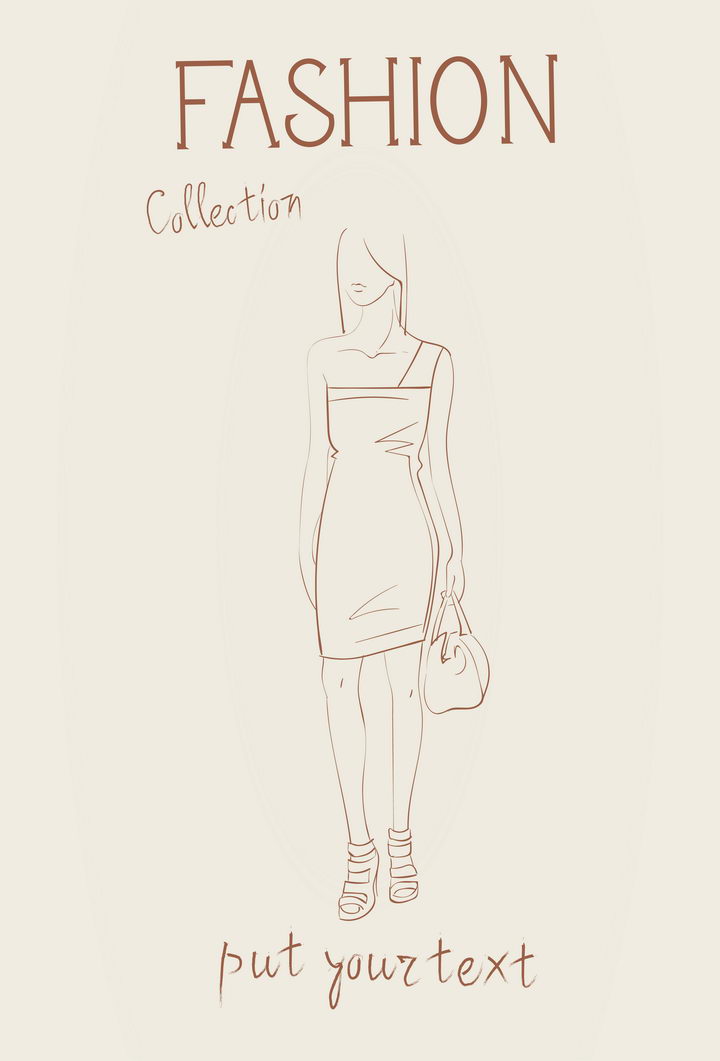 简约线条风格时尚提着小包的连衣裙职场女性时装设计草图图片免抠矢量素材 人物素材-第1张