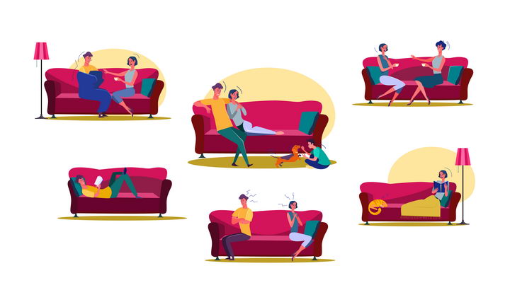 6款扁平插画风格坐在沙发上的情侣一家人图片免抠矢量素材 休闲娱乐-第1张