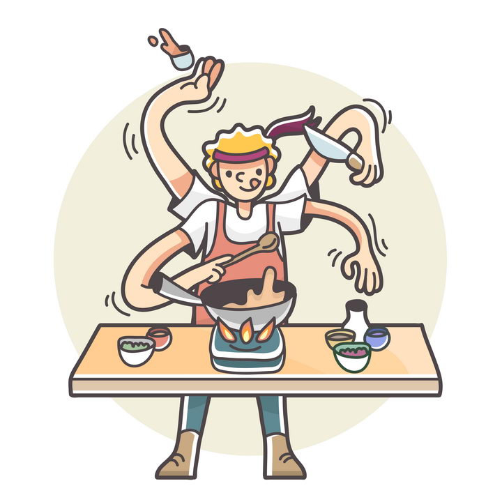 卡通漫画风格三头六臂手忙脚乱做饭的厨师图片免抠矢量素材 人物素材-第1张