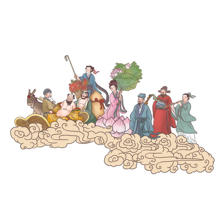 八仙过海中国传统神话人物传说故事手绘彩色插图图片免抠png素材 教育文化-第1张