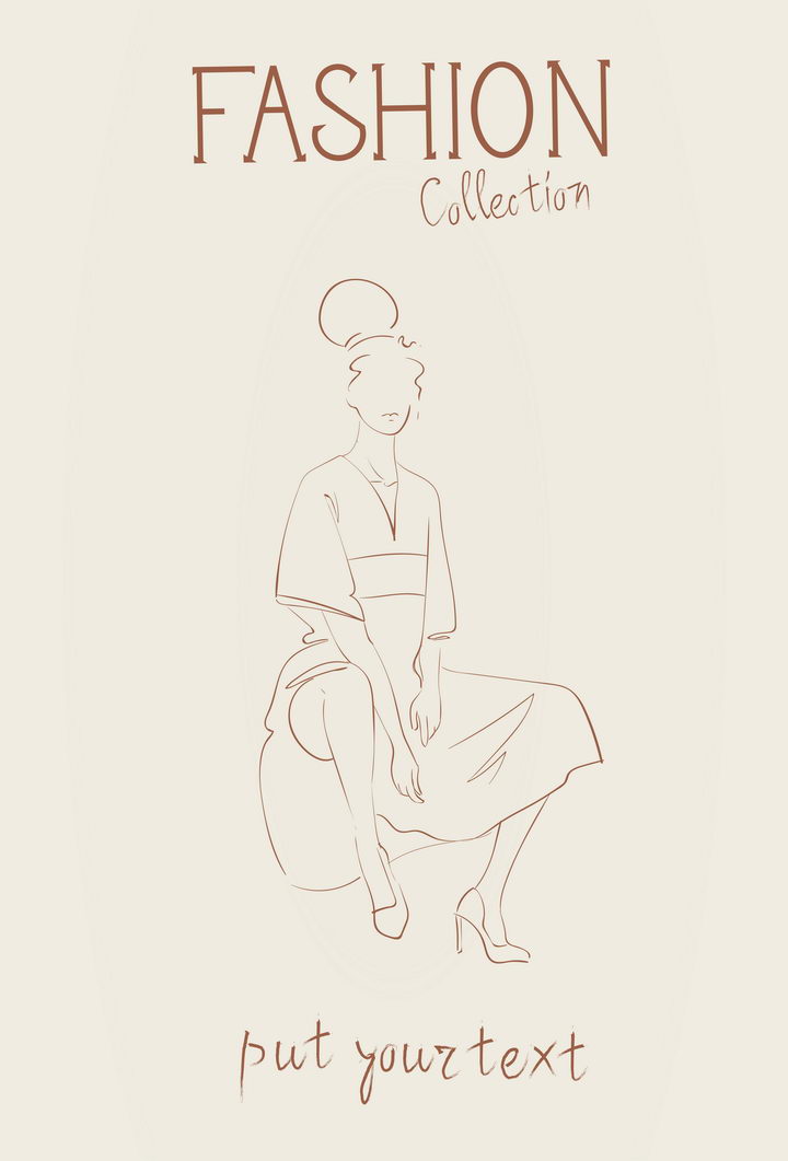 简约线条风格时尚连衣裙坐姿时装设计草图图片免抠矢量素材 人物素材-第1张