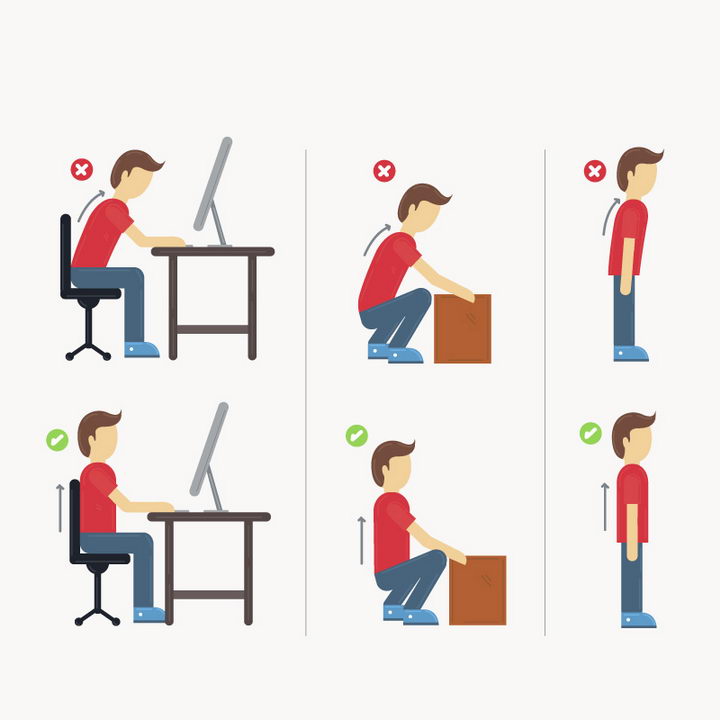 坐着用电脑蹲下搬东西正确和错误坐姿站姿图片免抠素材 健康医疗-第1张