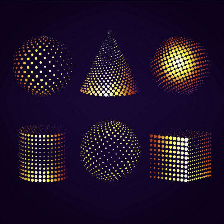 6款黄色原点光点组成的球形锥形圆柱体立方体等形状图案图片免抠矢量图素材 线条形状-第1张