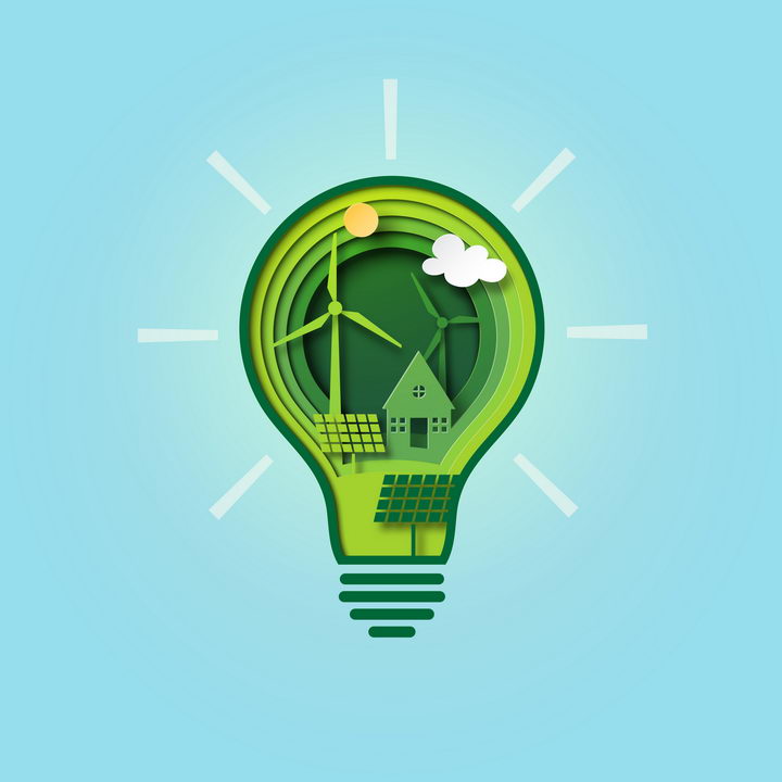 创意剪纸叠加风格绿色灯泡中的风力太阳能发电绿色能源图片免抠矢量图素材 工业农业-第1张