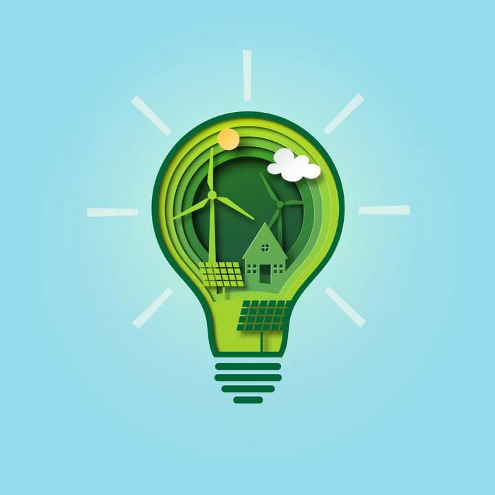 创意剪纸叠加风格绿色灯泡中的风力太阳能发电绿色能源图片免抠矢量图