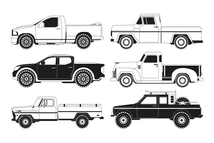 6种黑白色风格皮卡小汽车侧视图图片免抠矢量素材