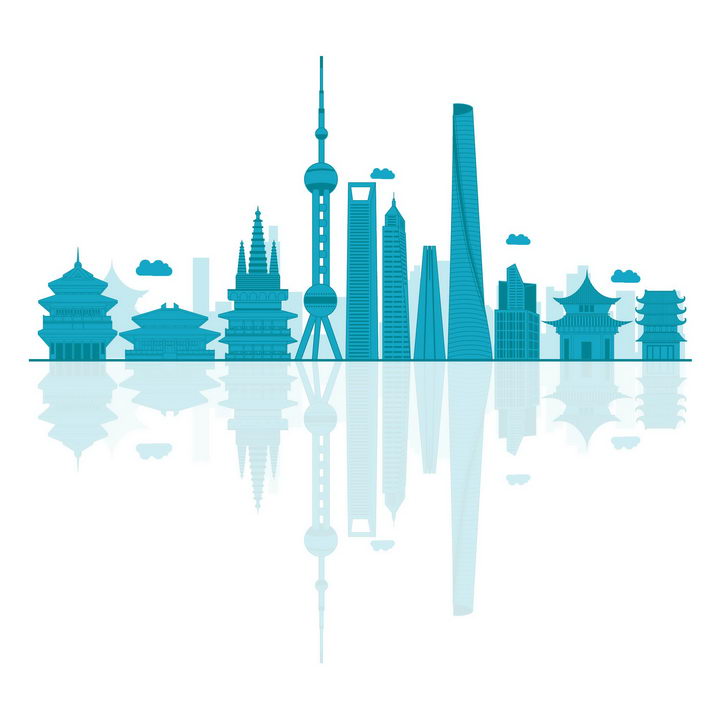 蓝色的上海城市建筑天际线图片免抠矢量图素材 建筑装修-第1张