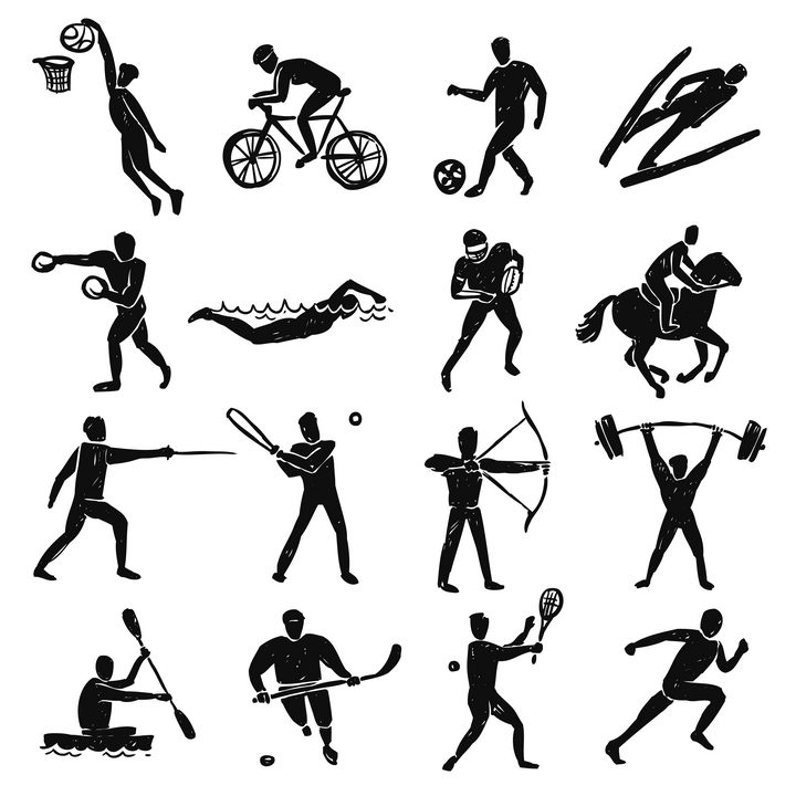16款手绘涂鸦风格打篮球自行车踢足球滑雪游泳等体育项目图片免抠矢量素材 人物素材-第1张