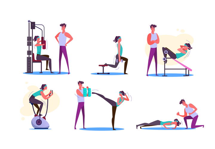 6款扁平插画风格正在教练监督下锻炼的健身美女图片免抠矢量素材 休闲娱乐-第1张