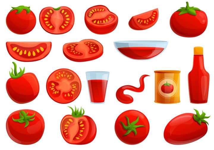 各种鲜红的番茄西红柿和番茄汁番茄酱美味食物图片免抠矢量素材