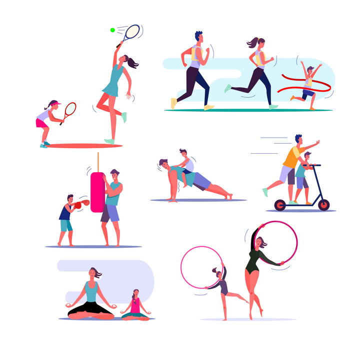 7款扁平插画风格正在陪伴儿子或女儿锻炼身体的健身爸爸或妈妈图片免抠矢量素材 休闲娱乐-第1张