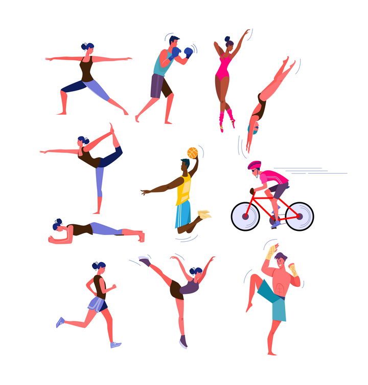 扁平插画风格各种健身操瑜伽自行车跑步等运动图片免抠矢量素材 休闲娱乐-第1张