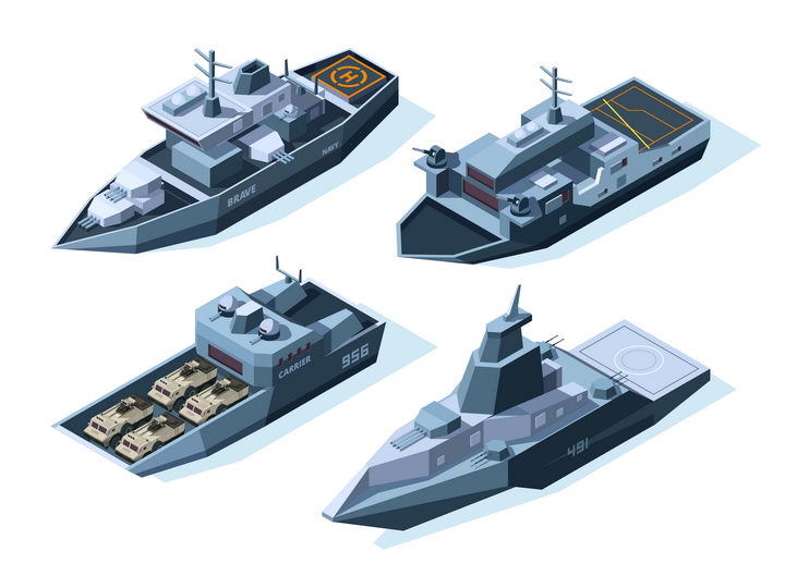 4款2.5D风格战舰登陆舰军舰图片免抠矢量素材 军事科幻-第1张