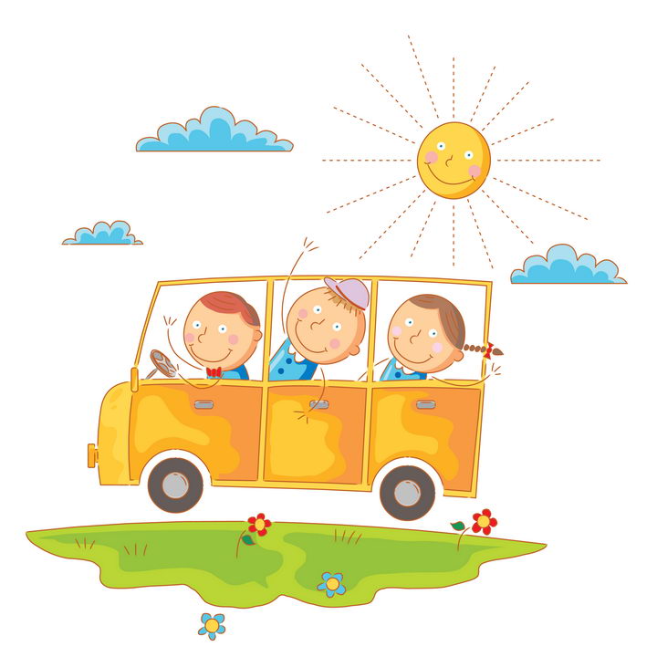 彩色太阳下坐在汽车上的卡通线条小人孩子们儿童画图片免抠矢量素材 插画-第1张