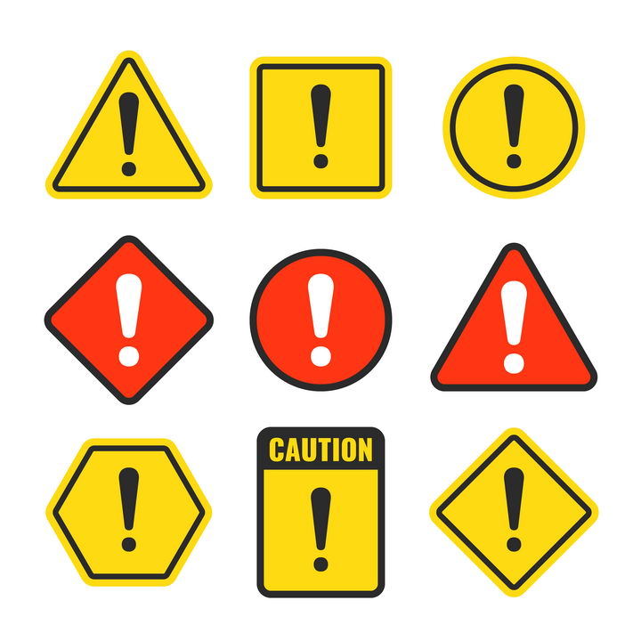 9款黄色和红色感叹号提示牌警告标志警示标牌图片免抠矢量素材