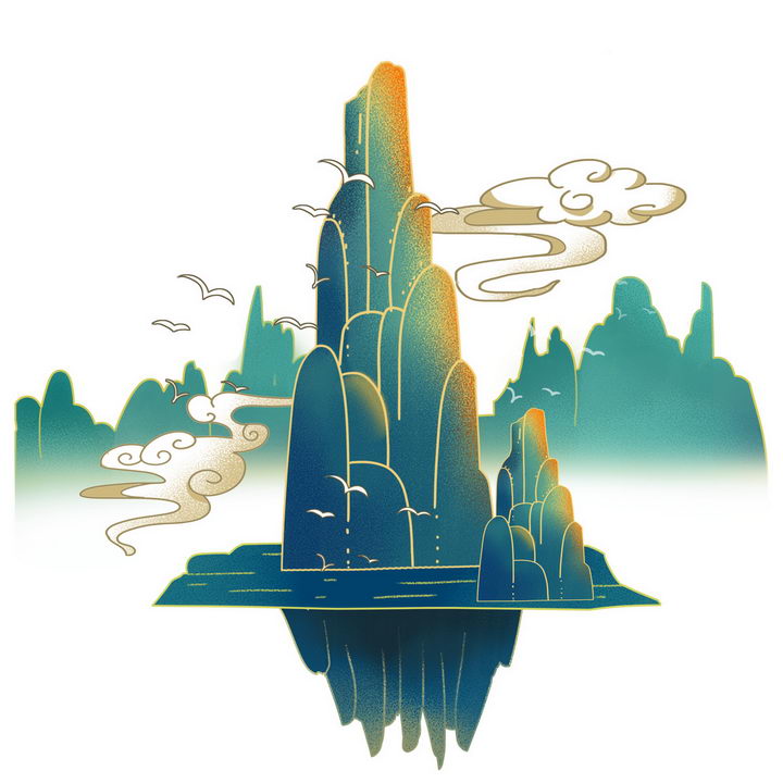 中国青色风山水图和祥云图片免抠png素材 插画-第1张