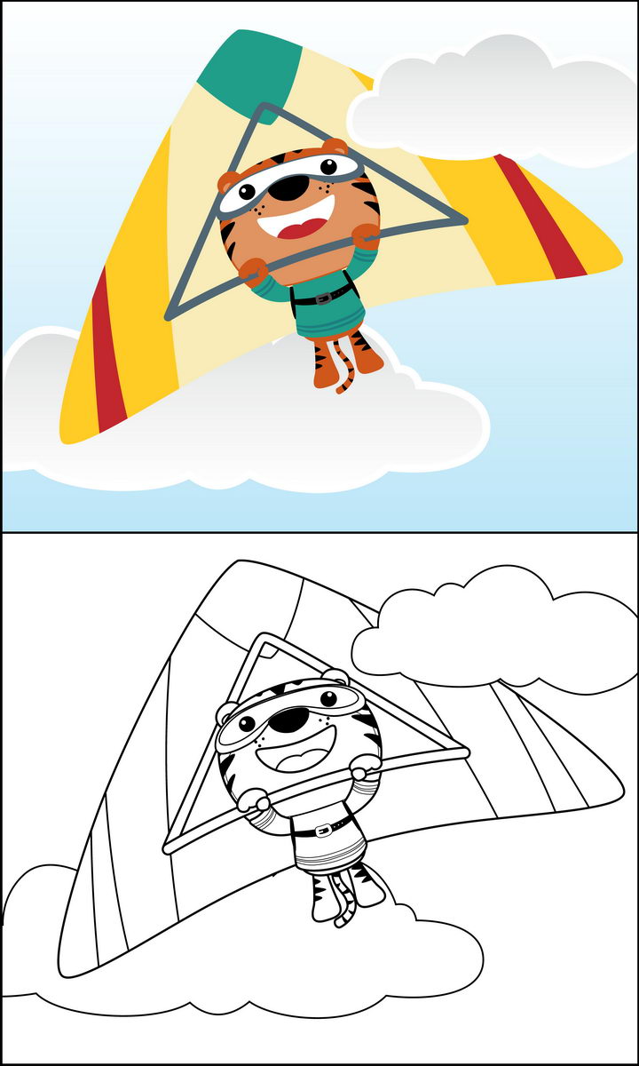 正在玩滑翔伞的卡通老虎简笔画图片免抠素材 简笔画-第1张