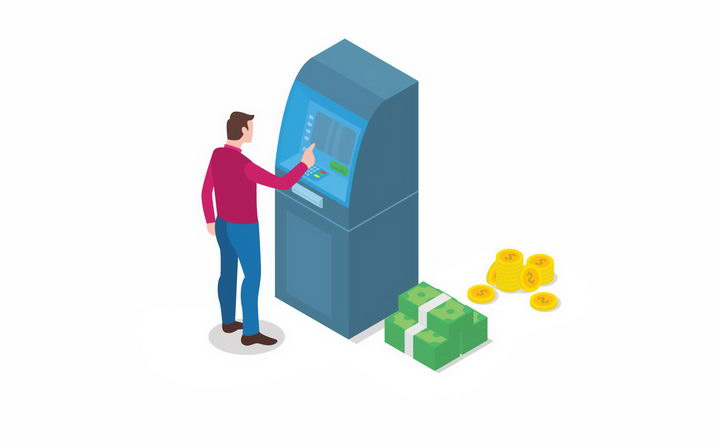 2.5D风格正在银行ATM机上取钱的男人旁边还有美元和金币png图片免抠eps矢量素材 金融理财-第1张