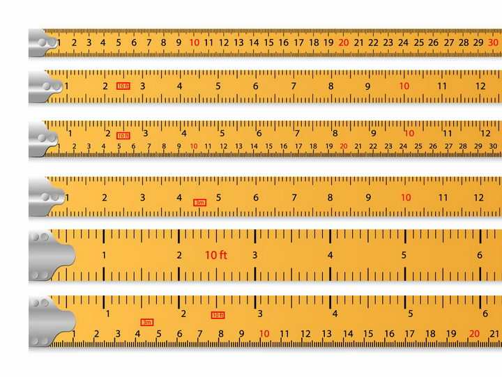 6种不同刻度不同宽度的黄色直尺测量工具png图片免抠矢量素材