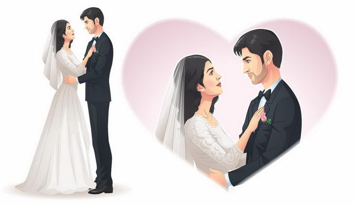 漫画风格结婚婚纱照深情对视的新娘新郎png图片免抠矢量素材 人物素材-第1张