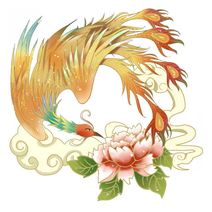 中国传统国画凤凰和牡丹花png图片免抠素材 设计盒子