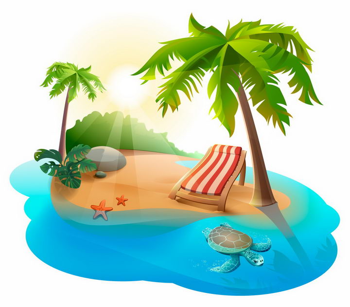 阳光小岛椰树蓝色海水和海龟热带海岛旅游png图片免抠矢量素材 生物自然-第1张
