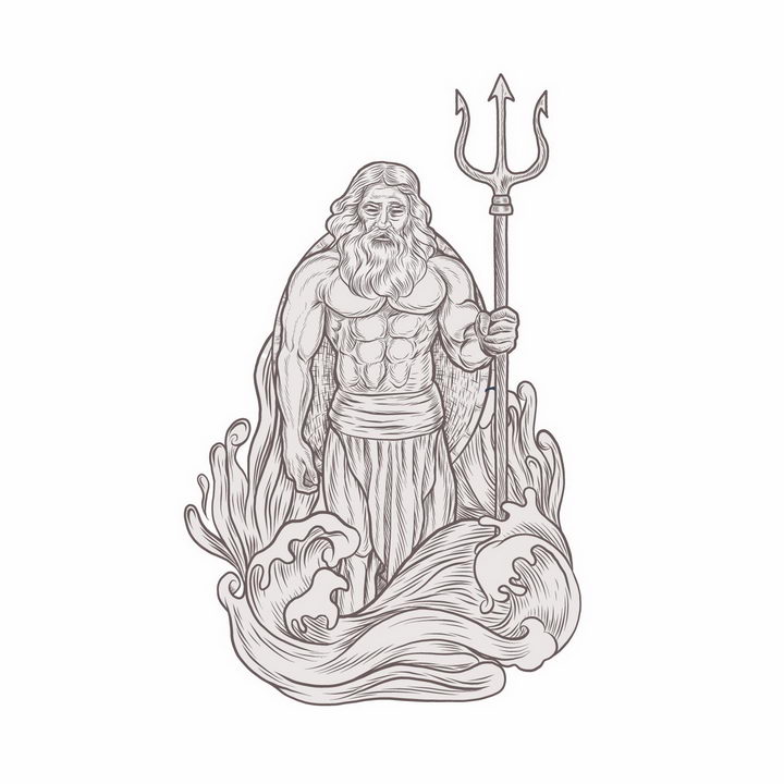 线条素描风格古希腊神话中的海神拿着三叉戟的海神波塞冬png图片免抠矢量素材 插画-第1张