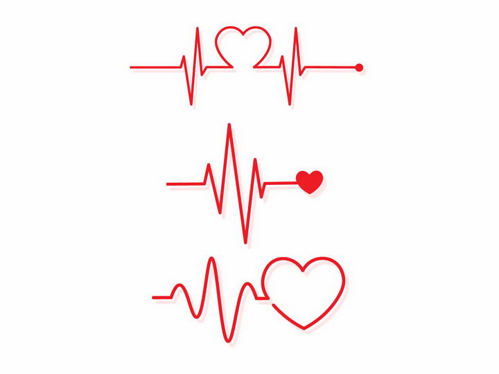 3款红色线条心电图心跳图组成了心形图案情人节心动png图片免抠eps