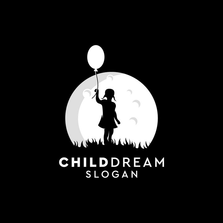 灰白色月亮背景前牵着气球的小女孩剪影logo设计方案png图片免抠矢量素材 标志LOGO-第1张