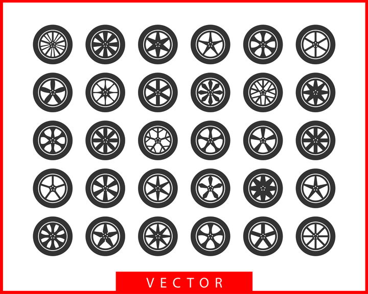 30款黑色的汽车轮胎和不同形状的轮毂图案png图片免抠矢量素材 交通运输-第1张