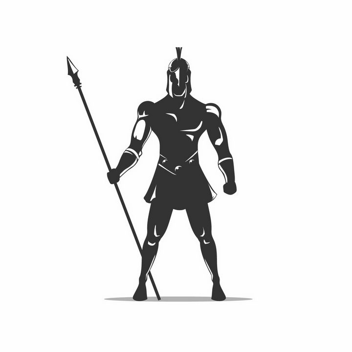 黑白色漫画古罗马战士角斗士拿着长矛正在站岗png图片免抠矢量素材 军事科幻-第1张