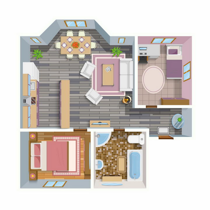 设计盒子为您提供俯视视角的两室一厅一厨一卫室内装修效果平面家具