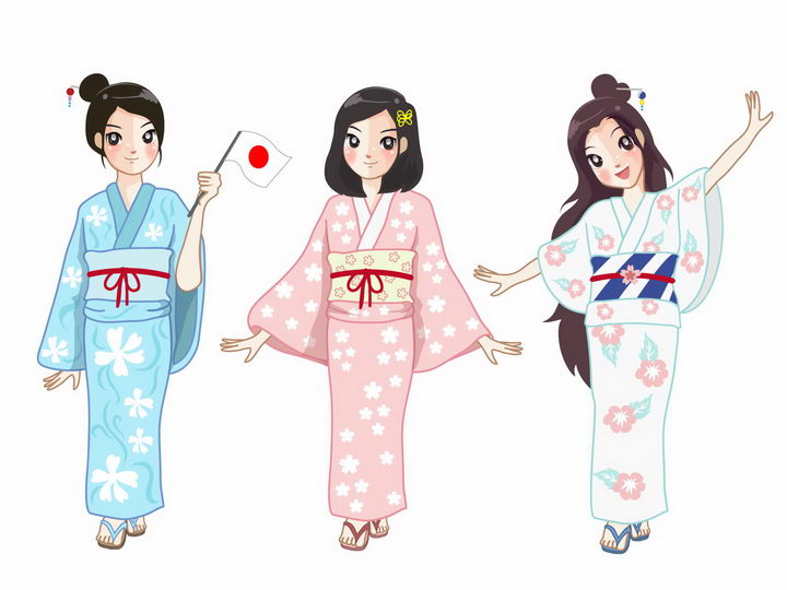 3款卡通漫画风格身穿日本和服的美少女png图片免抠矢量素材 设计盒子
